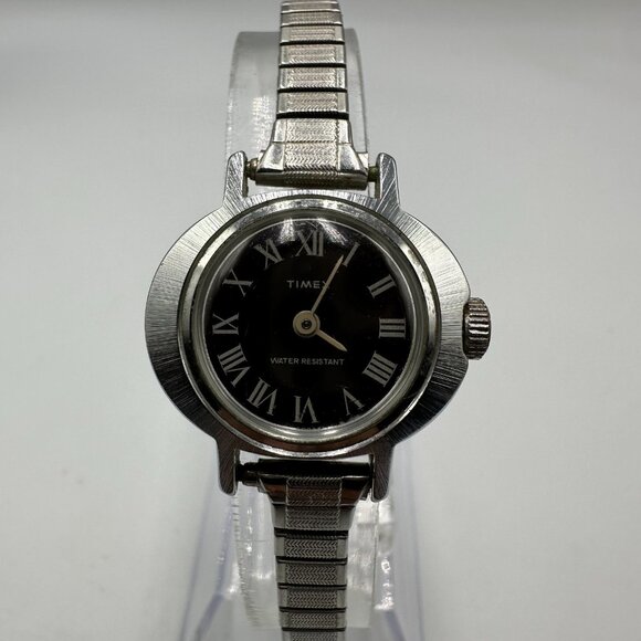 Timex Watch Women Silver Tone Brown Dial Stretch Band Manual Wind 6.75 Inch - Picture 1 of 10